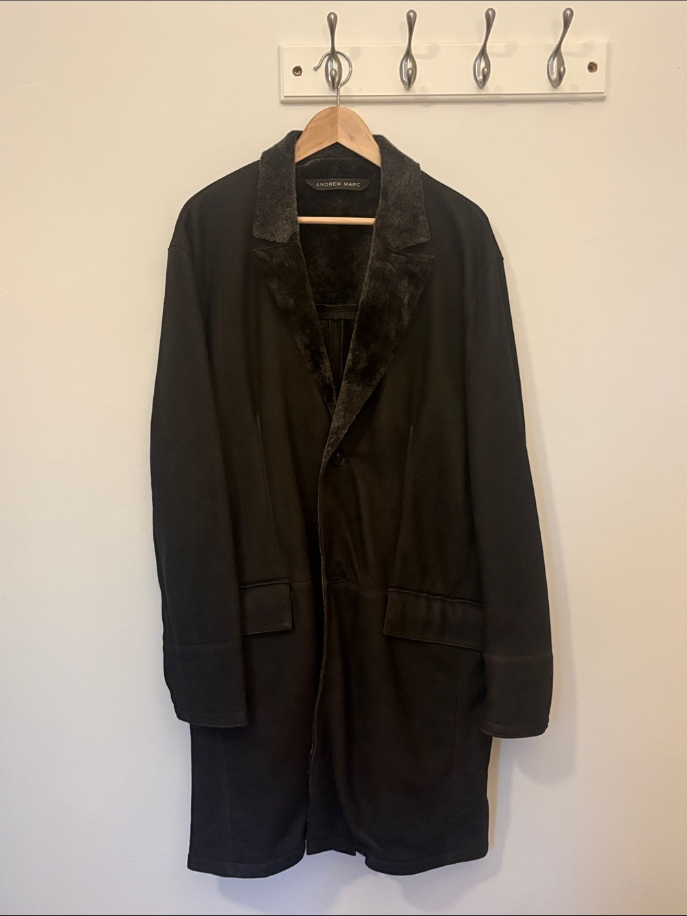 Andrew Marc Black Long Pea Coat with Faux Fur Collar